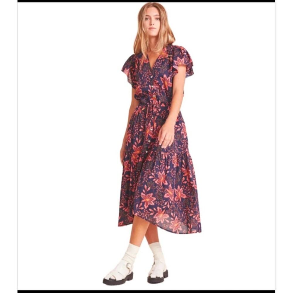 Trovata Birds of Paradis Hildie Dress Medium NWT Burgundy Pink Floral Tie Waist - Picture 5 of 9